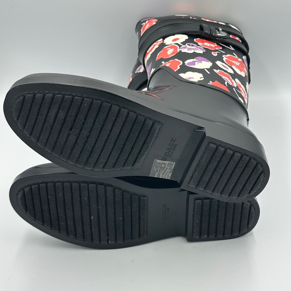 Coach Trisha II Print Rain Boots Black Floral Buckle Accent Size 7B - Picture 9 of 15